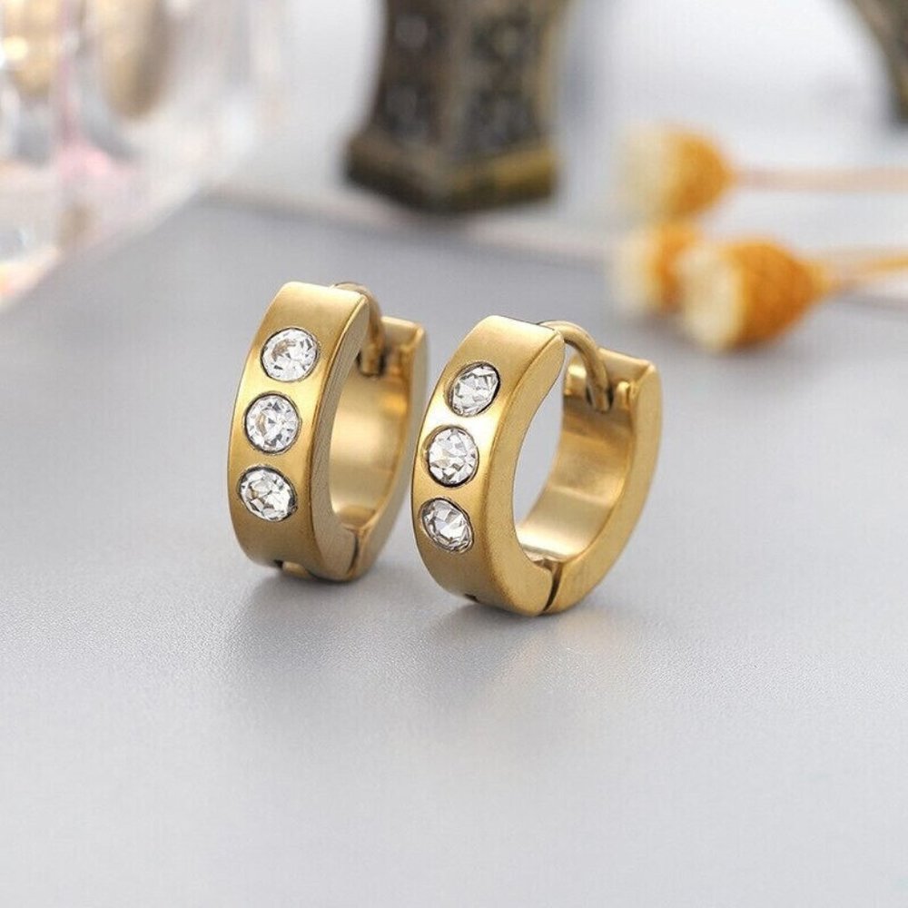 Mens Gold Stainless Steel Diamond Zircon Hoop Huggie Earrings 14mm Party Gift